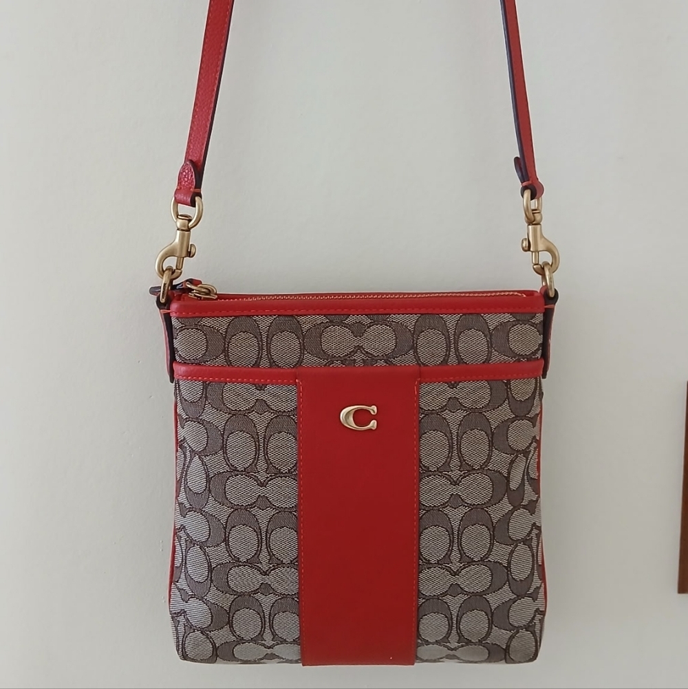 Coach Brown Signature Canvas Crossbody with Red Leather Trim